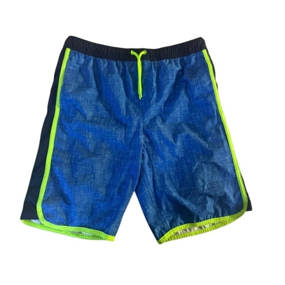 Lands End Mens XL Blue Neon Green Swim Trunks Board Shorts‎ Mesh Lining